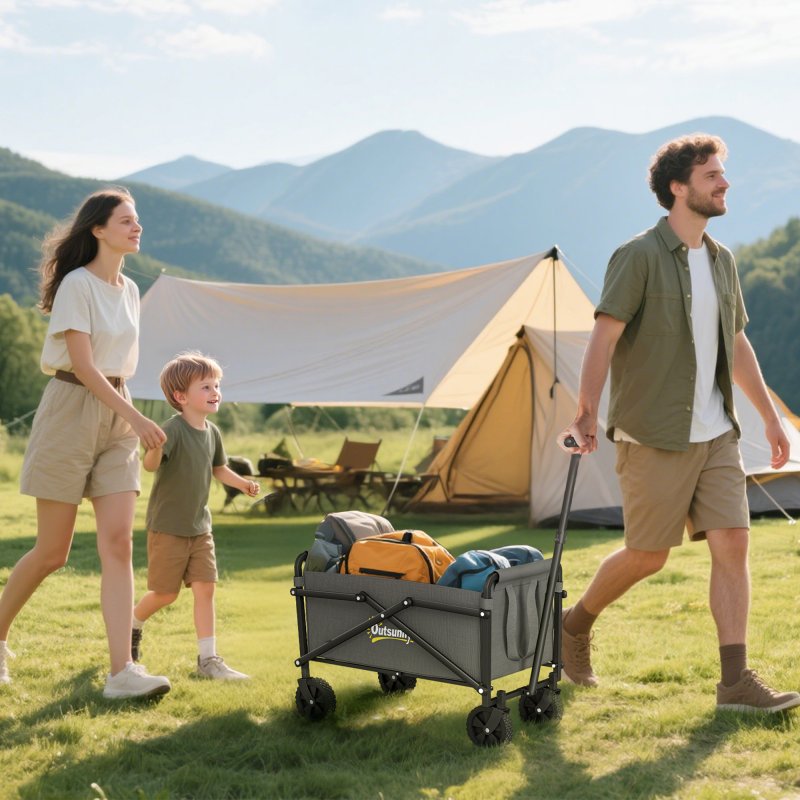 Outsunny 41L Festival Trolley on Wheels, Small Garden Folding Trolley Cart, 60kg Heavy Duty Collapsible Folding Wagon with Adjustable Handle and Carrying Bag for Beach, Camping, Festival, Grey