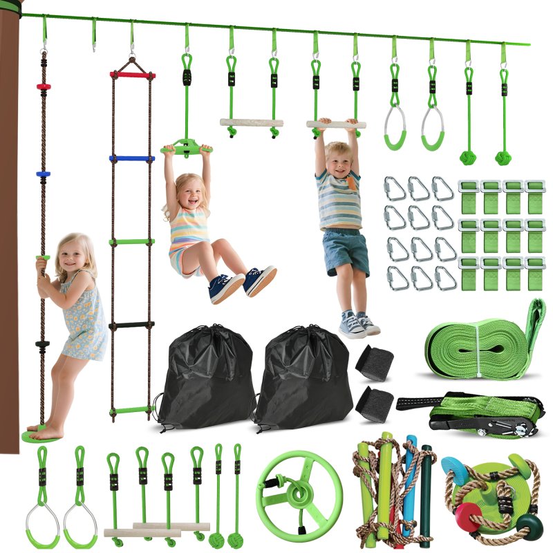 AIYAPLAY Obstacle Course for Kids, 32.8ft 10 Piece Zip Line Stackline for Kids, with 2 Monkey Bars, 2 Gym Rings, Rope Ladder, Nest Swing, Tree Protector, 2 Bags, Hanging Tray, 2 Rope Knots
