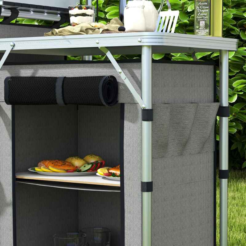 Outsunny Folding Camping Kitchen, Portable Aluminium Camping Table with 3 Fabric Cupboards, Windshield, Light Stand, Carrying Bag for BBQ, RV, Picnic, Grey