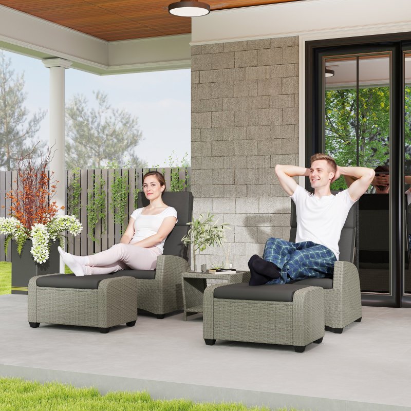 Outsunny 5 Pieces PE Rattan Garden Furniture Set, Wicker Outdoor Furniture Set with Reclining Chairs, Coffee Table, Footstools and Thick Cushions for Balcony, Patio, Charcoal Grey