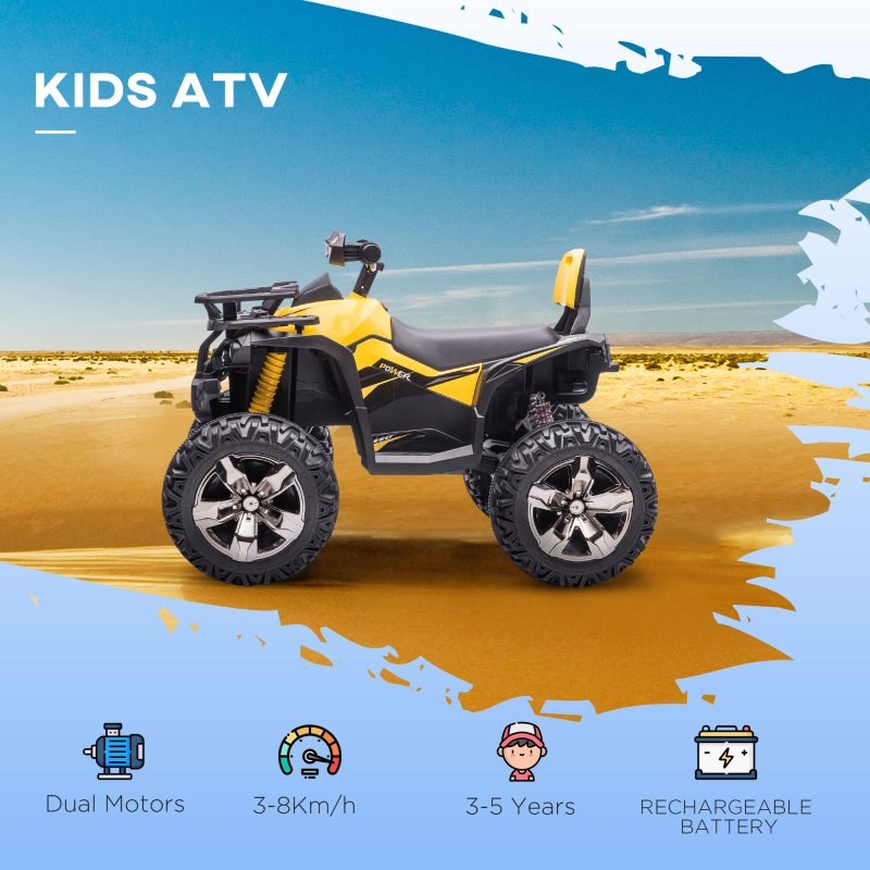 HOMCOM 12V Quad Bike, Battery Powered Ride on ATV with LED Lights, Music, Backrest, Forward, Backward, Electric Vehicle Toy Car for Kids, Yellow