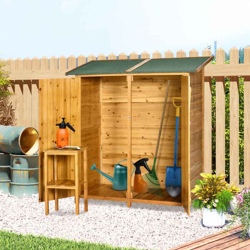 Outsunny Small Shed, Wooden Garden Shed with Flexible Table, Hooks and Ground Nails, Lockable Tool Shed with Asphalt Roof, 140 x 75 x 157cm, Natural