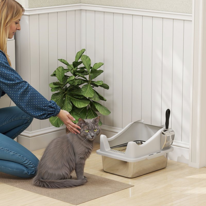 PawHut Cat Litter Tray Stainless Steel, Cat Litter Box High Sided with Metal Litter Scoop, Never Absorbs Odors, Anti Leakage & Easy to Clean, 43 x 33 x 25 cm, Grey
