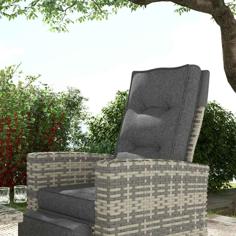 Outsunny 4 Piece Rattan Garden Furniture Set with Adjustable Backrest, Wicker Outdoor Furniture Sofa Set with Loveseat, Reclining Armchairs, Thickened Cushions and Glass Top Table, Light Grey