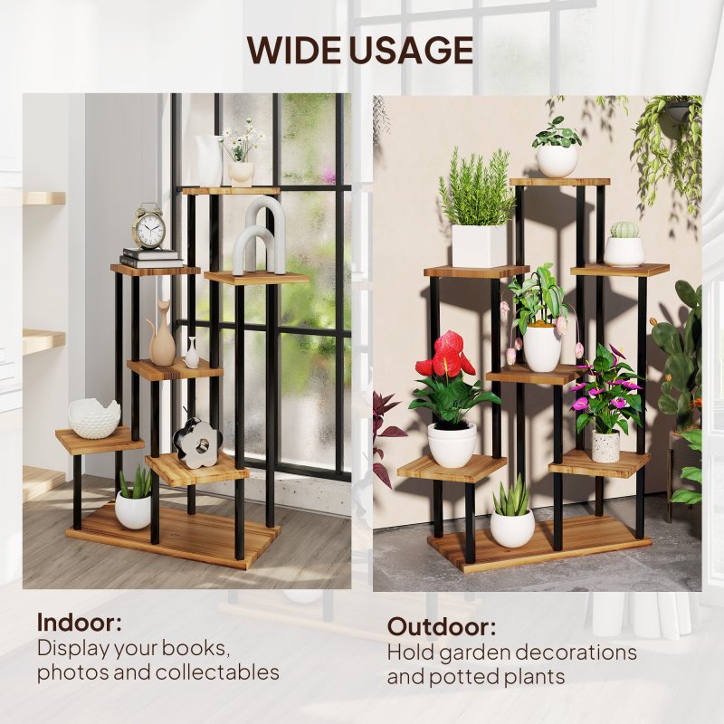 Outsunny 5 Tier Plant Stand Indoor Outdoor, Tiered Corner Steel Wood Plant Shelf for Multiple Plants, Tall Flower Stand Display Rack for Garden Patio Balcony Living Room, Carbonised Finish