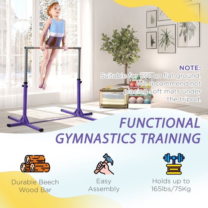 HOMCOM Height Adjustable Gymnastics Horizontal Bar For Kids Home Gym Training Children Junior Kip High Bar Fitness, Purple