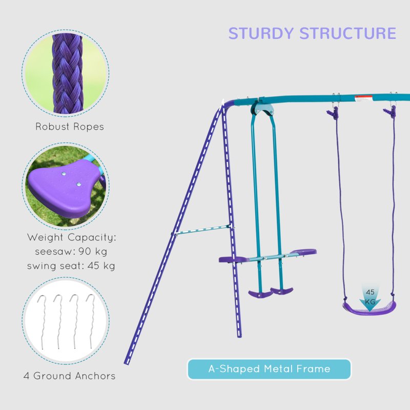Outsunny Metal Garden Swing Set Height Adjustable Children Outdoor Backyard Play Set for Toddlers Over 3 Years Old, Purple