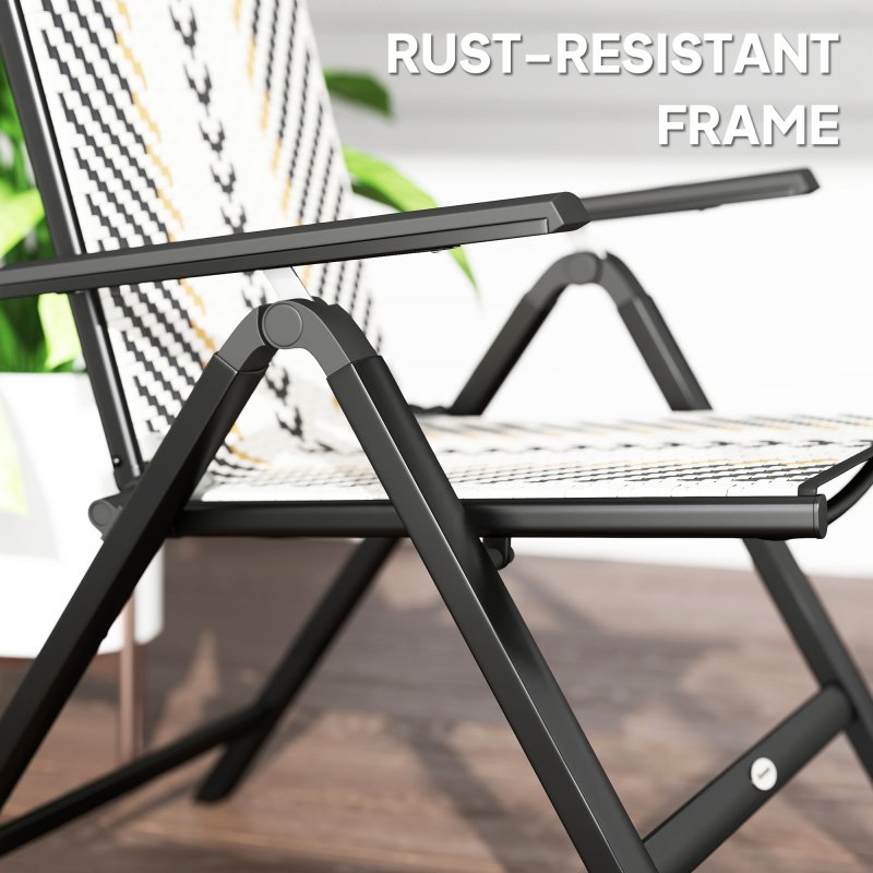 Outsunny Rattan Folding Chair Outdoor Set of 2, 5-Position Adjustable Wicker Garden Dining Chair with High Backrest, Wide Armrest, for Patio, Terrace, Balcony, Black