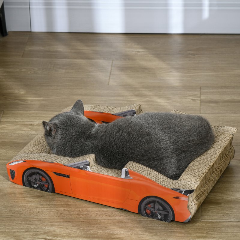 PawHut Cat Scratching Board, 2 in 1 Cat Scratcher Cardboard, Car-shaped Cat Scratch with Catnip, for Indoor Use, 50 x 30 x 12.5cm, Red