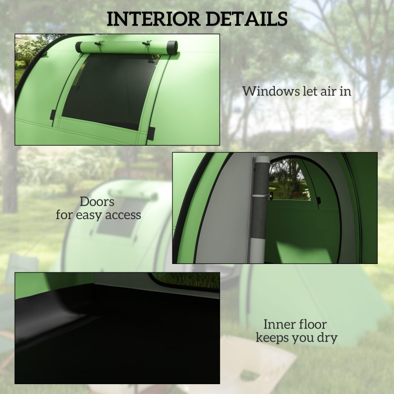 Outsunny 3-4 Man Camping Tent, Large Family Tunnel Tent with Bedroom and Living Room, 3000mm Waterproof, Portable with Bag, for Fishing Hiking Festival, Dark Green