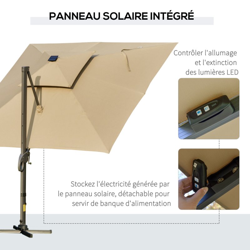 Outsunny 3 x 3(m) Cantilever Roma Parasol Garden Sun Umbrella, Two-tier 250g Polyester Sun Shade with LED Solar Light, Aluminium Frame, Cross Base 360 Degrees Rotating Khaki