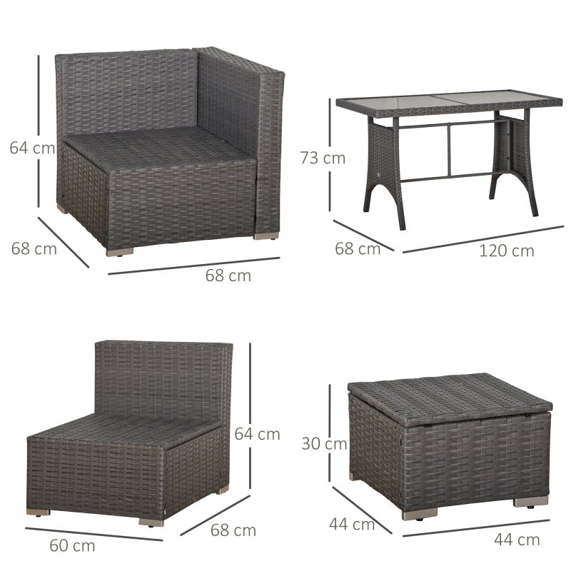 Outsunny 10 Pieces Outdoor PE Rattan Sofa Set with 10cm Thick Cushions, Garden Sectional Corner Sofa Set with Glass Top Dining Table and Three Footstools, Grey