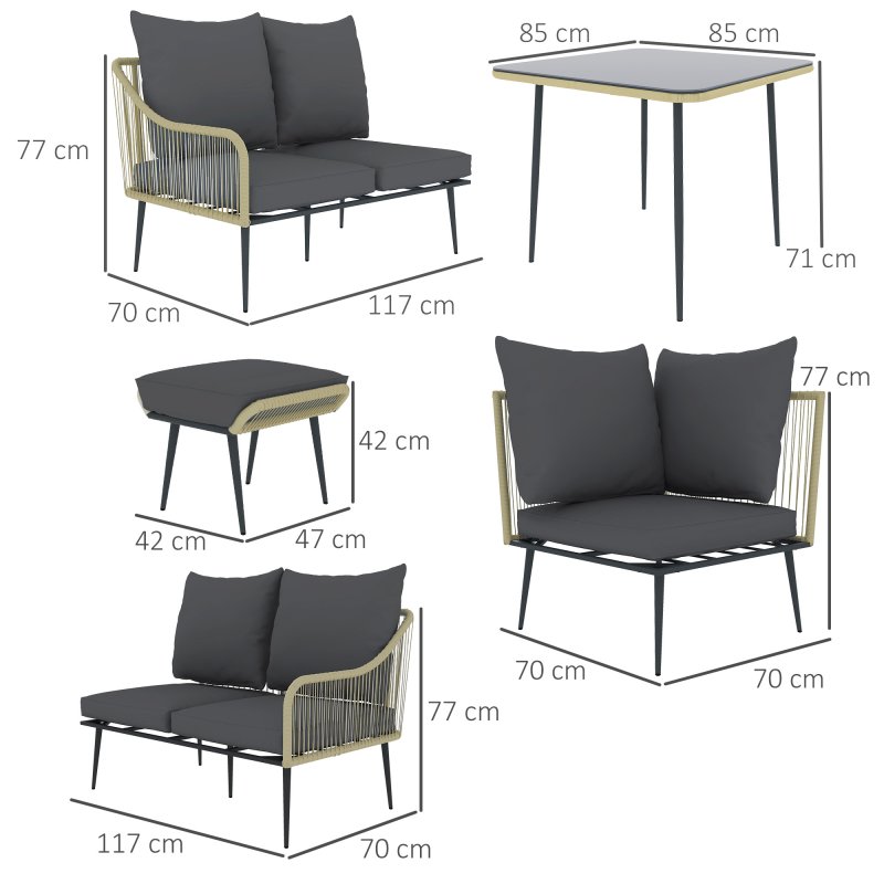 Outsunny 6 Pieces Rattan Garden Furniture Set, Garden Corner Sofa with Thickened Cushions, Outdoor Dining Set with Glass Top Dining Table, Loveseats and Footstools for Conservatory, Light Grey