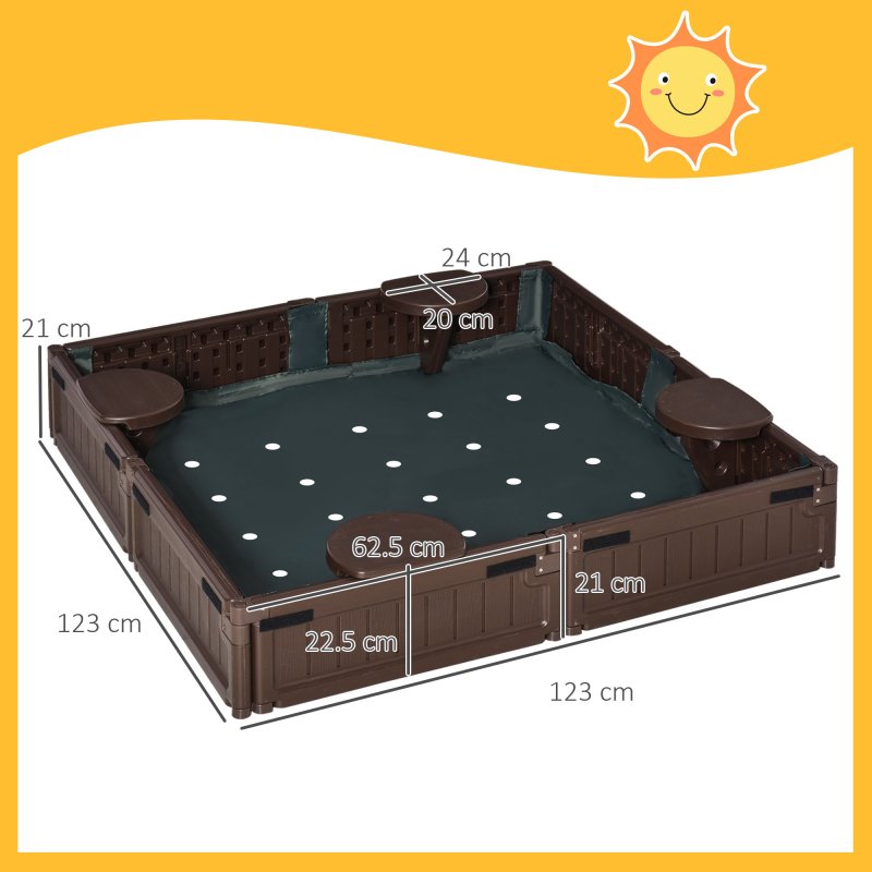 Outsunny Sand Pit Children's Plastic Sandpit w/ Water-Resistant Oxford Cover Bottom Fabric Liner kid Playset for 3-12 years old, Garden, Outdoor - (Brown)
