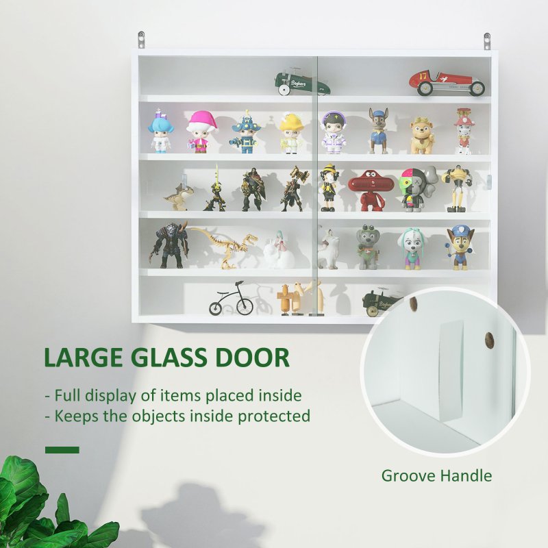 HOMCOM 5-Tier Wall Mounted Display Cabinet, Display Case with 4 Adjustable Shelves, Glass Doors for Home Office Ornaments 60x80cm