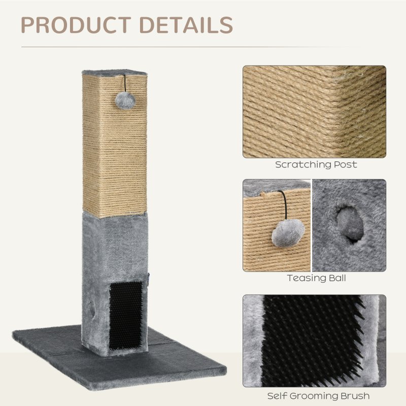 PawHut Cat Tree Scratching Post for Indoor Cats 79cm Jute Scratcher Climber w/ Carpet Base Dangling Toy - Grey