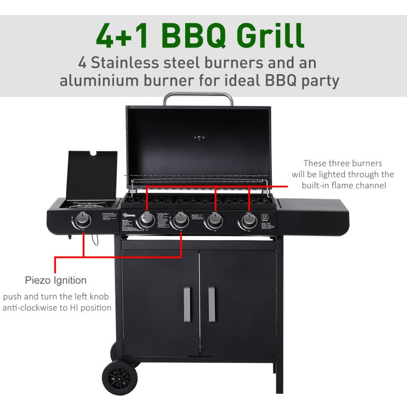 Outsunny 4+1 Burner Gas BBQ Grill, Outdoor Barbecue Trolley with Wheels, Warming Rack, Side Shelves, Cabinet, Thermometer for Garden, Party, Camping, 125 L x 51 W x 100 H cm, Black