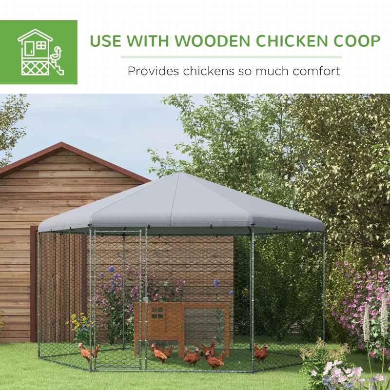 PawHut Walk in Chicken Run Chicken Coop Galvanised Outdoor Poultry Cage w/ Cover, for 10-15 Chickens, Hens, Rabbits, Ducks, 4 x 3.5 x 2.6m - Silver Tone