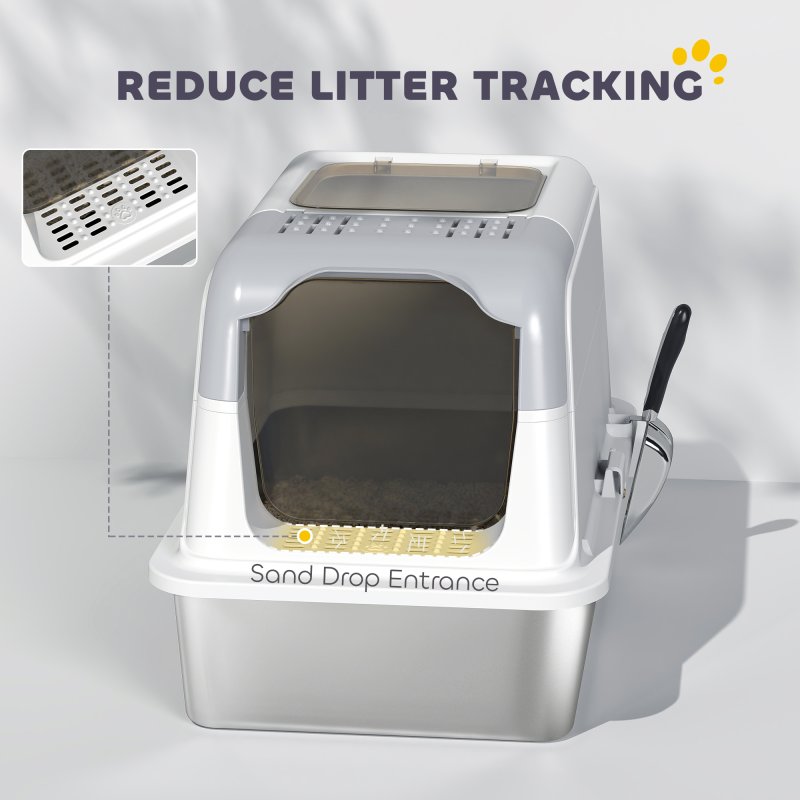 PawHut Stainless Steel Litter Box with Lid, Extra Large Hooded Cat Litter Tray for Big Cats with Front-Entry and Top-Exit, Metal Scoop, Deodorizer Bag, Non-Sticky, Odour Control and Easy Clean