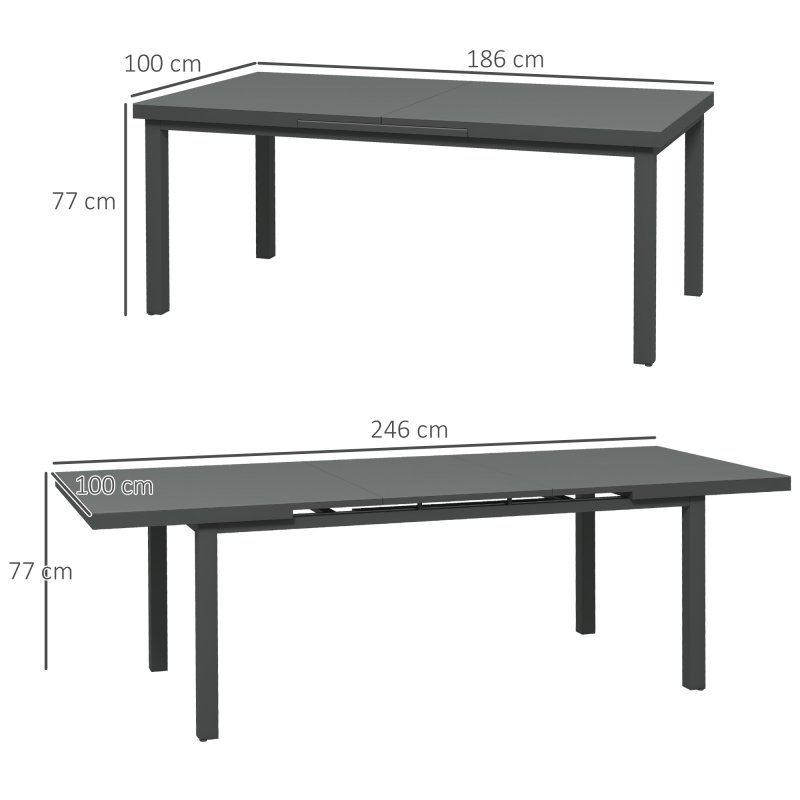 Outsunny 246 cm Extending Garden Table, Rectangle Outdoor Dining Table for 6-8, Aluminium Frame for Patio, Balcony - Charcoal Grey