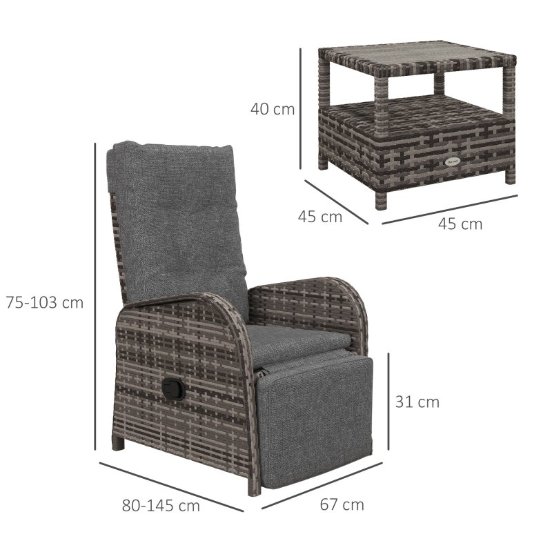 Outsunny 3 Pieces Rattan Bistro Set, Wicker Balcony Furniture Set with Reclining Sun Loungers, 2-Tier Coffee Table and Cushions, 2 Seater Garden Furniture for Outdoor Patio Balcony, Brown