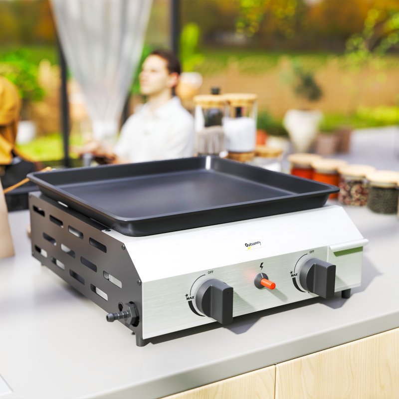 Outsunny Gas Plancha Grill with 2 Stainless Steel Burners, 4.8kW, Portable Tabletop Gas BBQ with Non-Stick Griddle for Camping, Picnic, Garden, Party, Festival, Silver Tone
