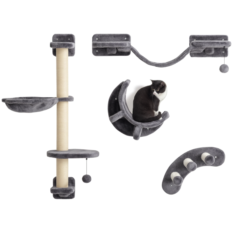 PawHut 4 Piece Cat Shelves, Cat Wall Furniture with Hammock, Scratching Posts, Soft Ladder, Steps, Jump Platforms, for Indoor Kittens - Dark Grey