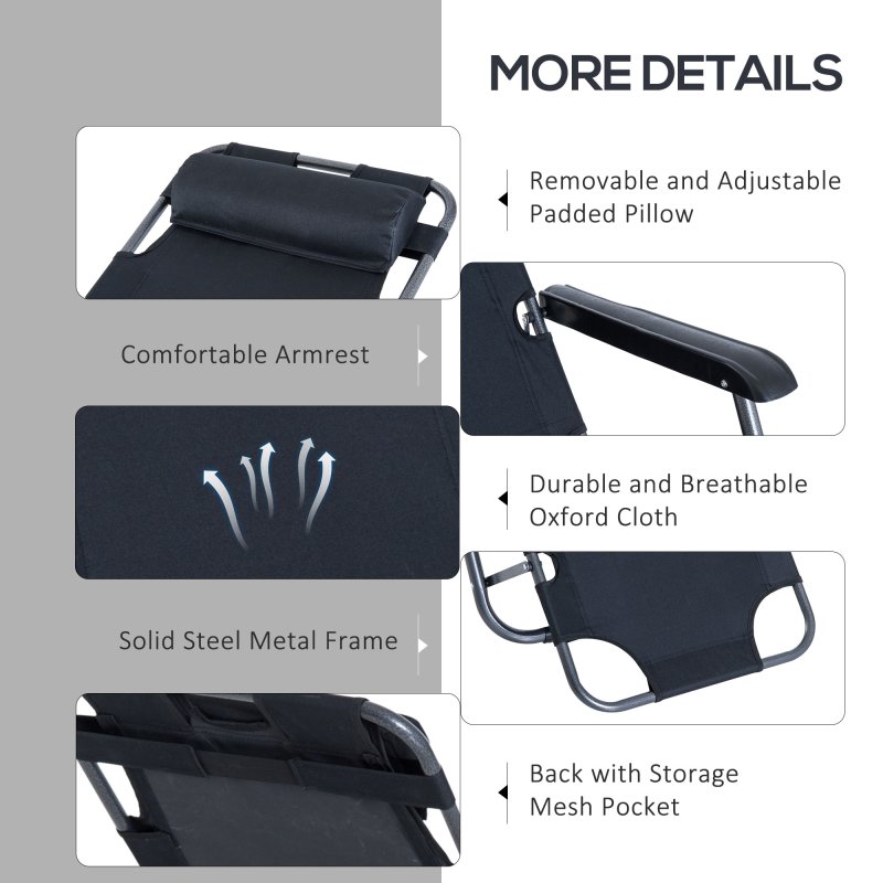 Outsunny 2 in 1 Folding Sun Lounger Reclining Garden Chair with 2-Level Adjustable Backrest, Outdoor Zero Gravity Recliner Garden Chair with Head Pillow and Armrests, Black