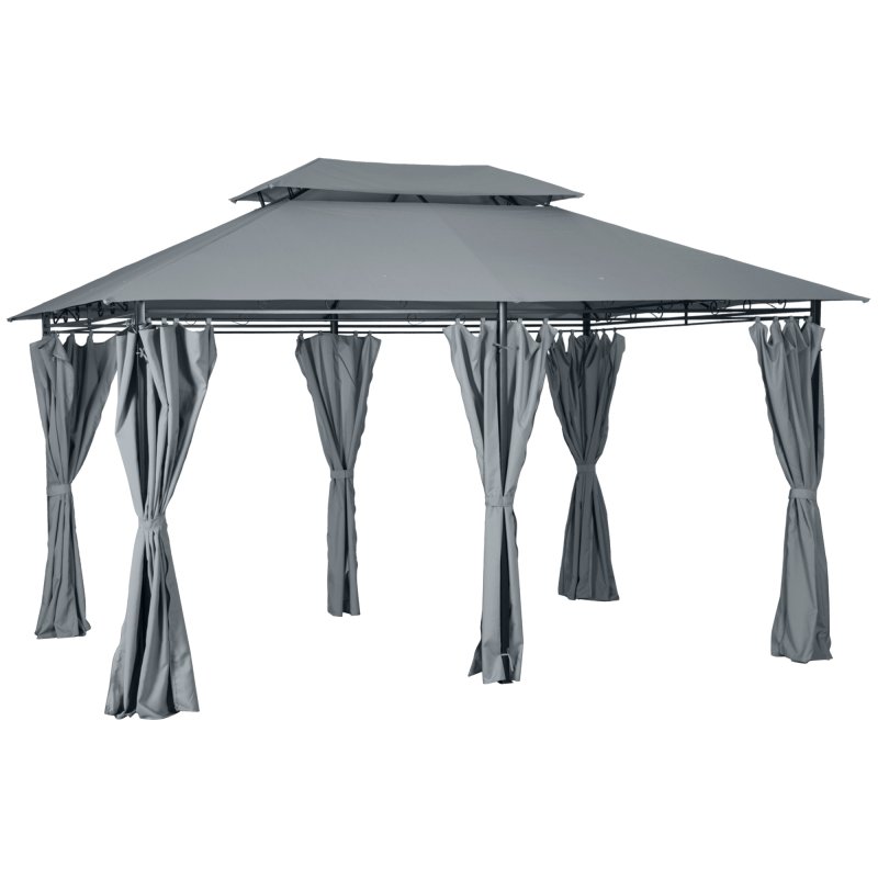 Outsunny 4m x 3(m)Garden Gazebo, Double Roof Outdoor Gazebo Canopy Shelter with Curtains, Solid Steel Frame for Patio, Garden, Grey