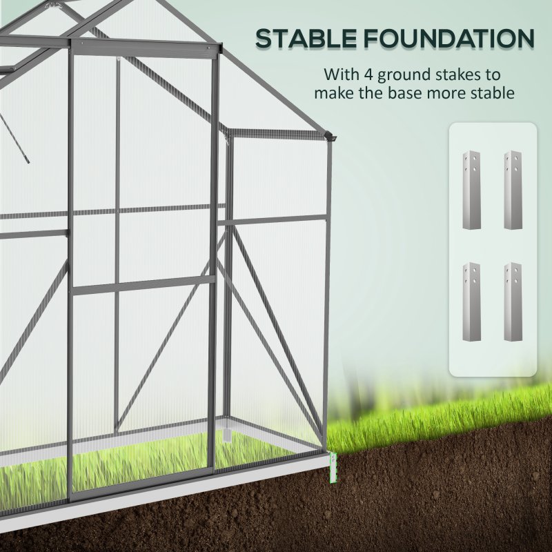 Outsunny 6 x 2.5ft Polycarbonate Greenhouse, Walk-In Green House with Sliding Door, 5-Level Roof Vent, Rain Gutter, Garden Plants Grow House with Aluminium Frame and Foundation, Dark Grey