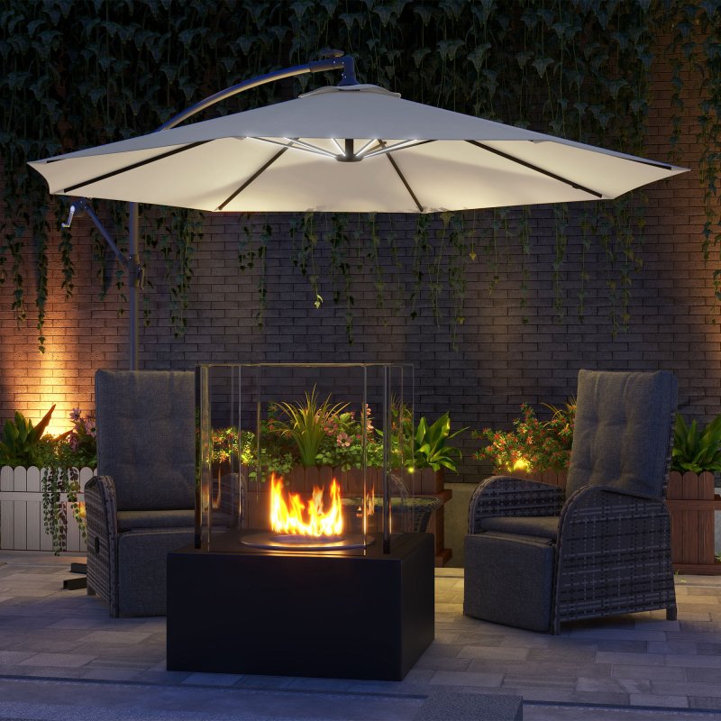 Outsunny 3(m) Banana Cantilever Parasol with Solar LED Lights, Garden Umbrella with Cross Base and Crank Handle, Hanging Offset Sun Shade for Outdoor, Patio, Beige