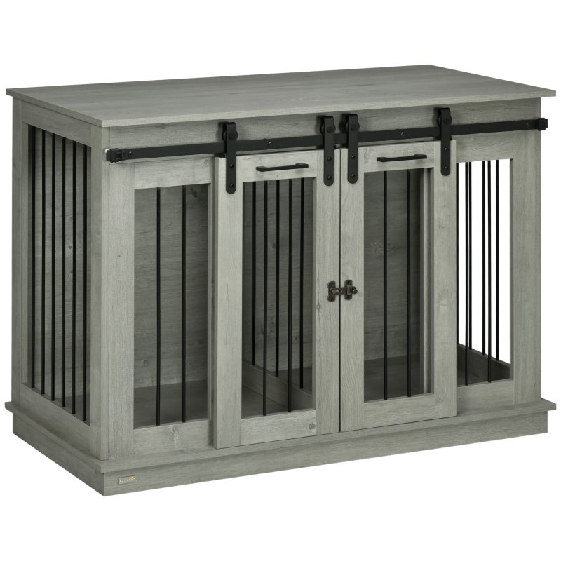 PawHut Dog Crate Furniture for Large Dog, Double Dog Cage for Small Dogs with Divider, Sliding Doors - Grey