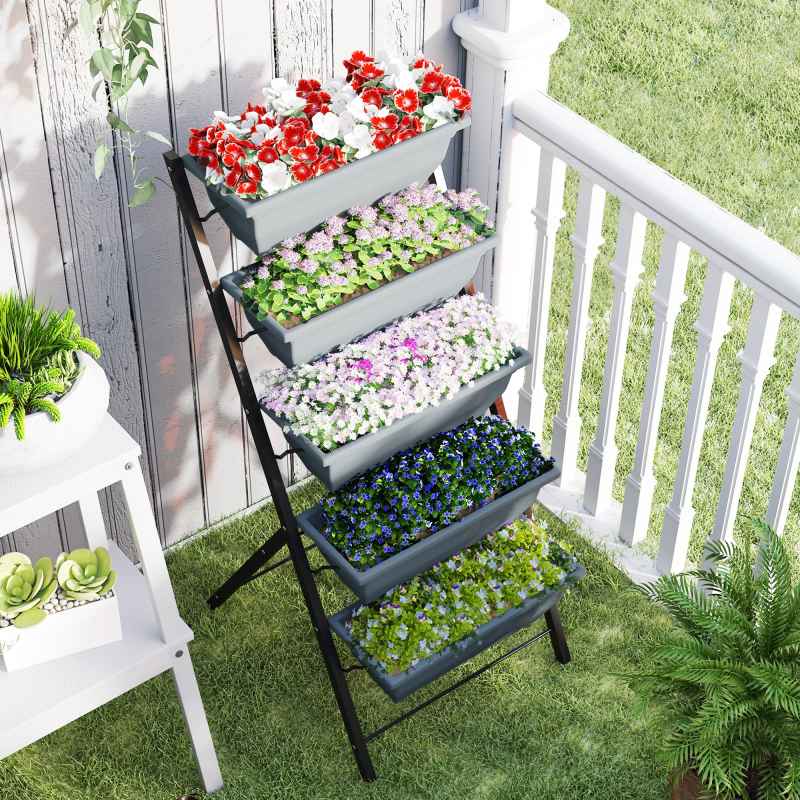 Outsunny 5-Tier Raised Garden Bed, Vertical Ladder Plant Stand with 5 Removable Boxes, Drainage Holes and Plugs, Indoor Outdoor Elevated Flower Herb Growing Box for Garden Patio Balcony, Grey