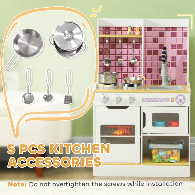 AIYAPLAY Kids Play Kitchen, Pretend Play Kitchen with Realistic Over, Stove, Sink, Kitchen Accessories, Cooking Playset with Light, Sound, for Ages 3+ Years, White