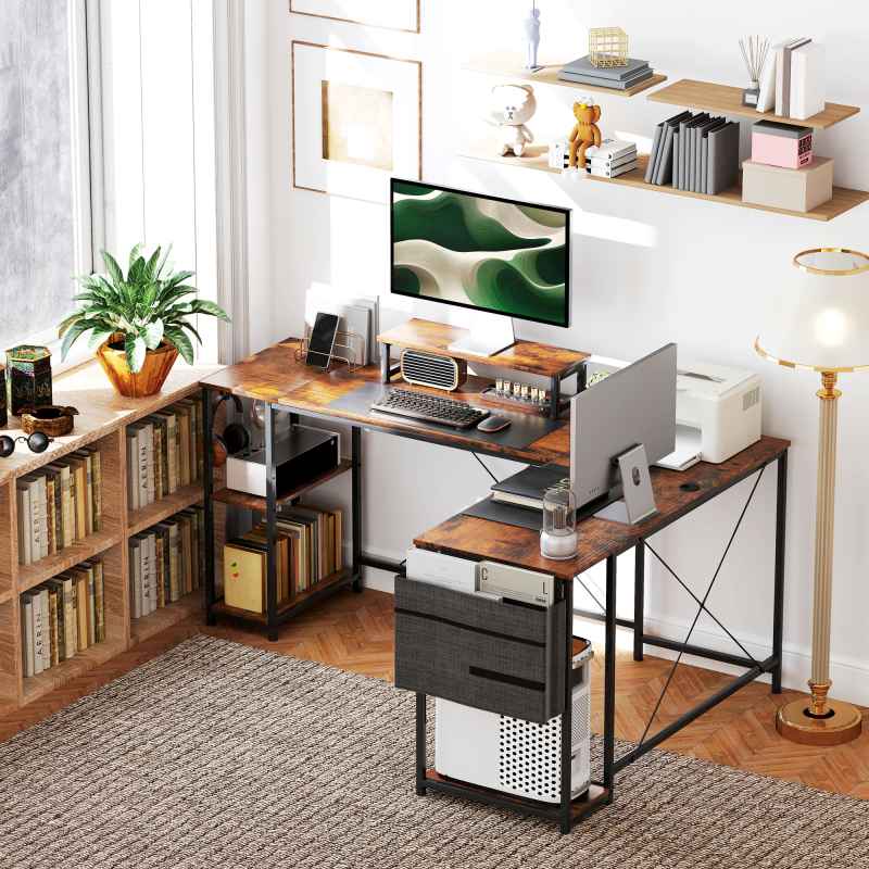 HOMCOM 168cm Reversible L Shaped Desk, Industrial Corner Computer Desk with Adjustable Shelf and Storage Bag, 240cm 2 Person Desk with Monitor Stand, Rustic Brown