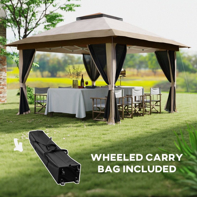 Outsunny 3.6 x 3.6m Pop Up Gazebo with Mesh Sides, UPF50+ Height Adjustable Party Tent Instant Event Shelter with Wheeled Carry Bag and Sand Bags for Garden, Patio, Beige