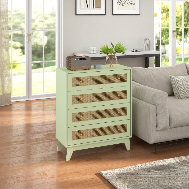 HOMCOM Chest of Drawers, 4-Drawer Storage Organiser Unit with Rattan Element for Bedroom, Living Room, Light Green