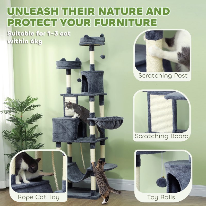 PawHut Cat Tree, 206cm Cat Tower with Sisal Scratching Posts and Board, Beds, Condos, Platforms, Hammocks, Toy Balls & Rope, Anti-Tip Kit, Kitten Activity Centre for Indoor, Dark Grey
