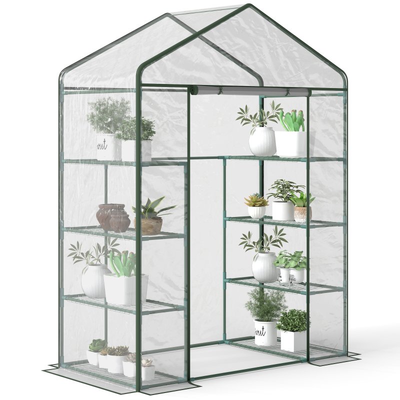 Outsunny Walk in Greenhouse with 4-Tier 8 Shelves, Green House with Hemmed Cover, Roll-up Zipped Door, Steel Frame, 143 x 73 x 195cm