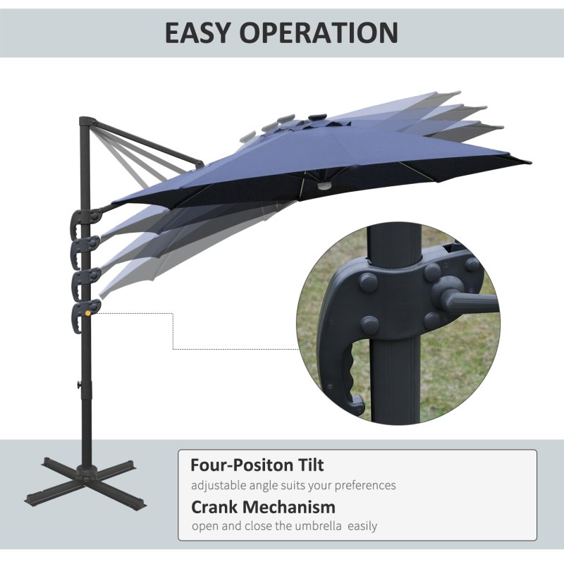 Outsunny 3(m) Cantilever Roma Parasol Garden Sun Umbrella Outdoor Patio with 360 Rotation Crank & Tilt Aluminium Frame LED Solar Light Cross Base, Blue