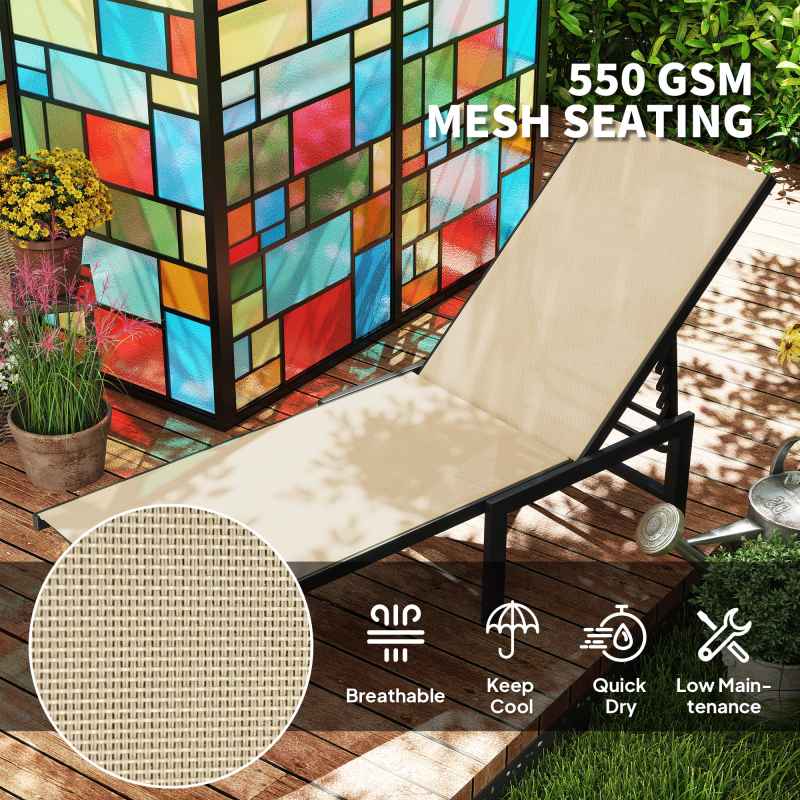 Outsunny Sun Loungers for Garden Set of 2, 5-Level Adjustable Reclining Sun Lounger Chairs, Flat Garden Lounger Sunbed with Texteline Seat, Steel Frame for Patio, Beach, Khaki