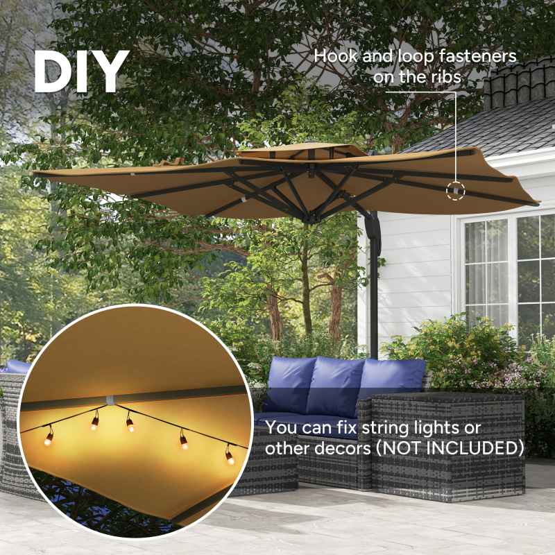 Outsunny 3 x 3 m Cantilever Parasol with Hydraulic Opening, Heavy Duty Aluminium Hanging Garden Parasol, Double Top Square Patio Umbrella with 360 Rotation, 8 Ribs, Cross Base, Khaki