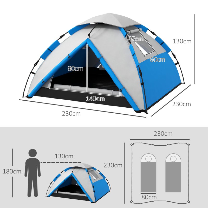 Outsunny Camping Tent, 3-4 Man Family Dome Tent, 2000mm Waterproof, with Carry Bag and Top Hook, for Fishing Hiking Festival, Quick Setup, Blue