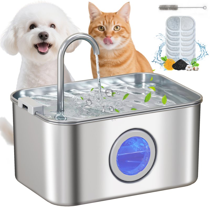 PawHut Cat Water Fountain for Drinking, 3.2L Stainless Steel Cat Fountain, Ultra-Silent, Automatic, Visible Water-Level, for Kittens, Dogs and Other Pets
