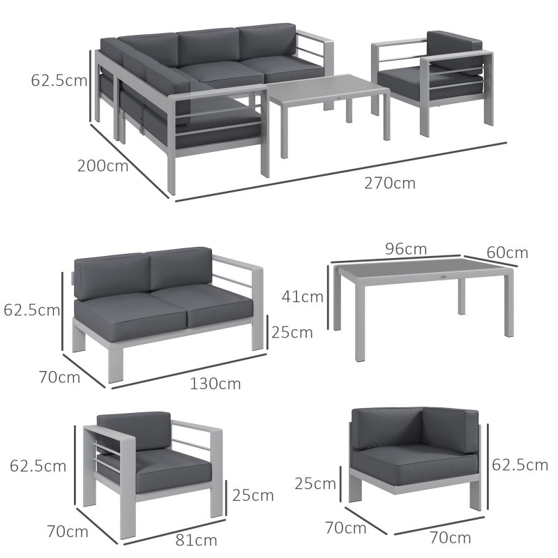 Outsunny 5-Piece Garden Corner Sofa Set with Cushions, 6 Seater Aluminium Garden Furniture Set with Glass Top Coffee Table, Patio Sectional Conservatory Furniture for Patio & Terrace, Light Grey