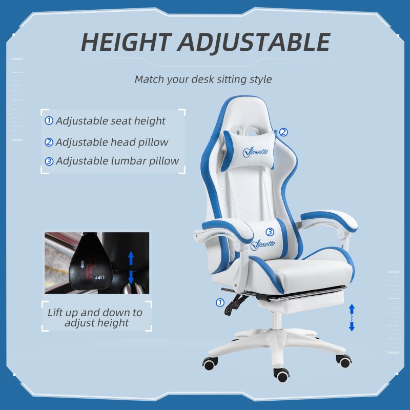 Vinsetto Computer Gaming Chair, PU Leather Office Desk Chair with Footrest, Swivel Wheels, 135?? Reclining Back, Lumbar Support, Headrest for Home, White and Blue