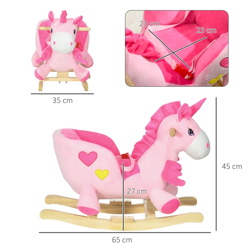 HOMCOM Rocking Horse, Kids Plush Ride on Unicorn with Songs, Wooden Base, Seat Belt, for Toddlers 18-36 Months, Pink
