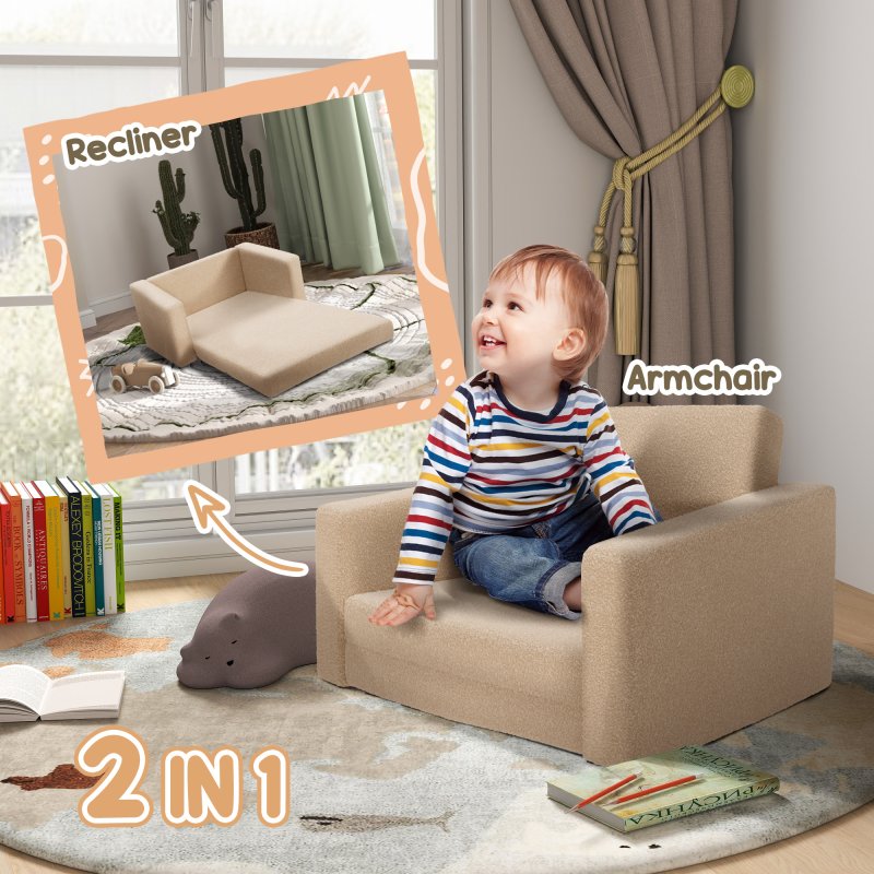 AIYAPLAY Toddler Sofa, Kids Sofa Bed, 2 in 1 Recliner Foldable Kids Armchair with Washable Cushion, Cover, for 1.5-3 Years Old, One Seater, Khaki