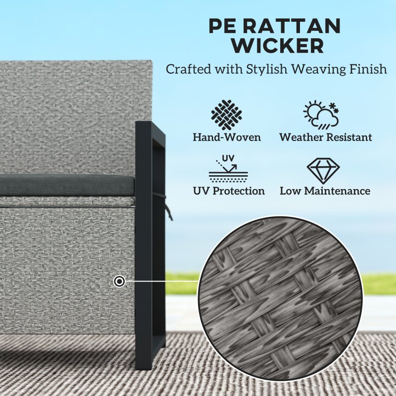 Outsunny Garden Storage Bench with 151.5L Capacity, Inner Bag, 2 Seater PE Rattan Outdoor Garden Bench with Storage, Cushion, Wicker Outdoor Bench Loveseat for Patio, Grey