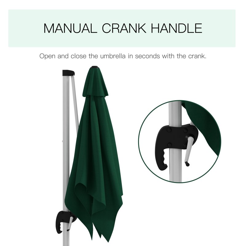 Outsunny 3 x 3(m) Cantilever Roma Parasol, Square Garden Umbrella with Cross Base, Crank Handle, Tilt, 360 Rotation and Aluminium Frame, Green